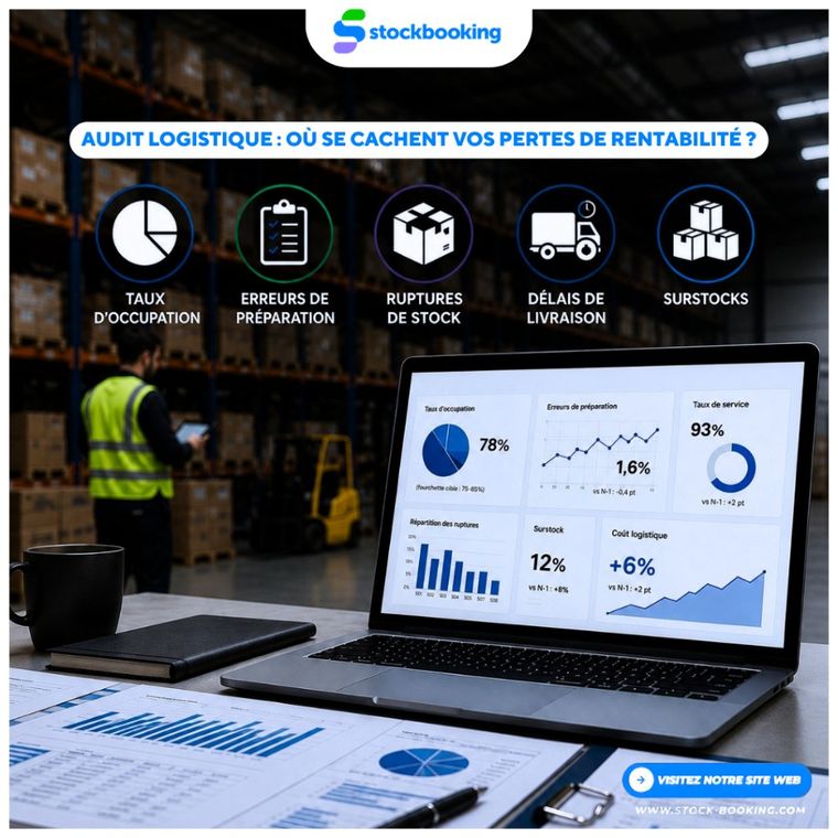 Illustration audit logistique Stockbooking : dashboard de rentabilité entrepôt, taux d’occupation, erreurs de préparation, ruptures et surstocks