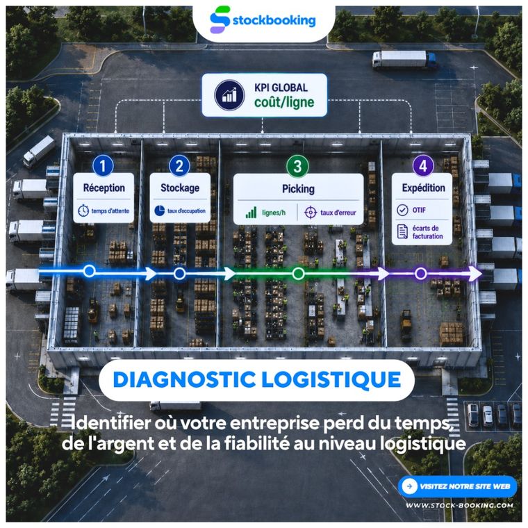 Illustration diagnostic logistique Stockbooking : réception, stockage, picking et expédition avec KPI coût/ligne, OTIF et productivité