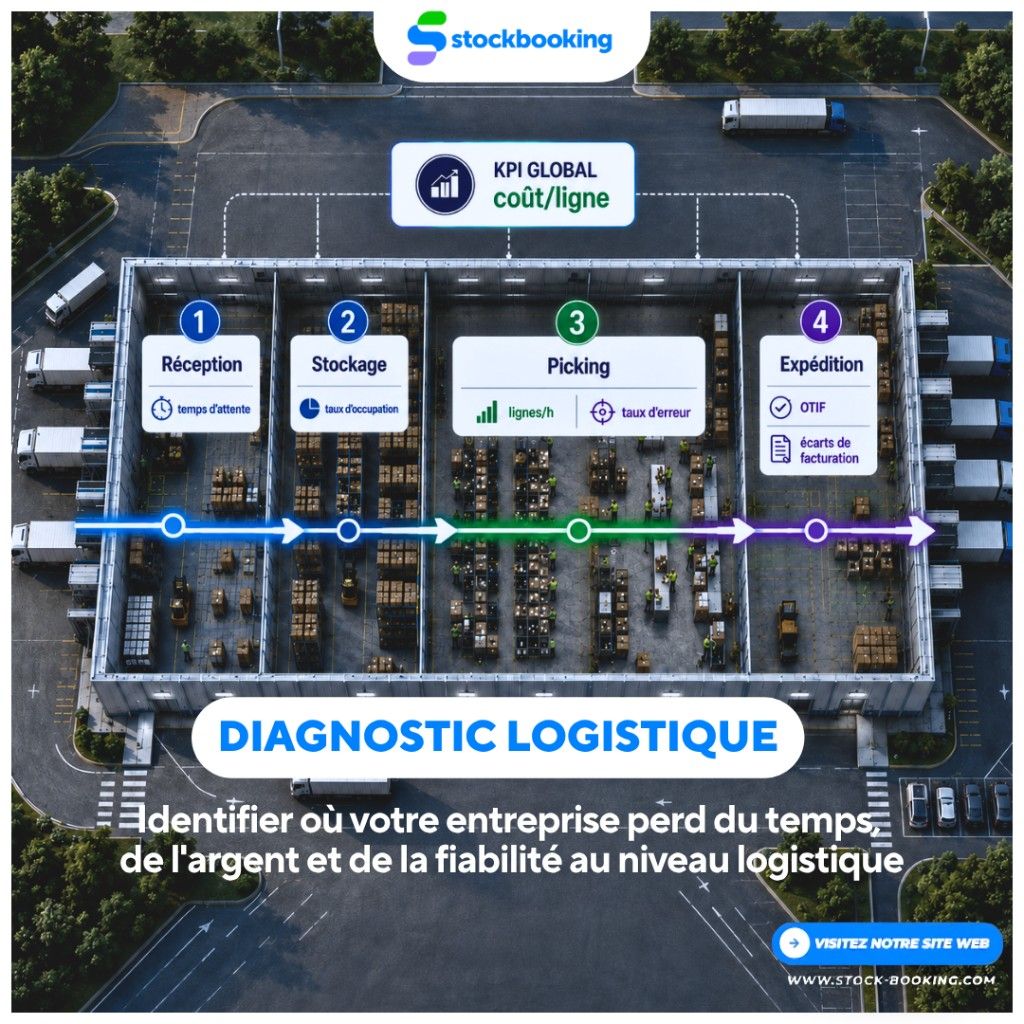 Illustration diagnostic logistique Stockbooking : réception, stockage, picking et expédition avec KPI coût/ligne, OTIF et productivité