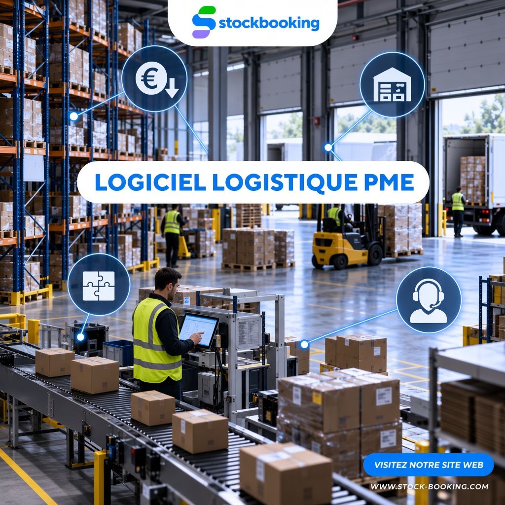 Stockbooking SME logistics software illustration: warehouse, budget, integrations and support criteria