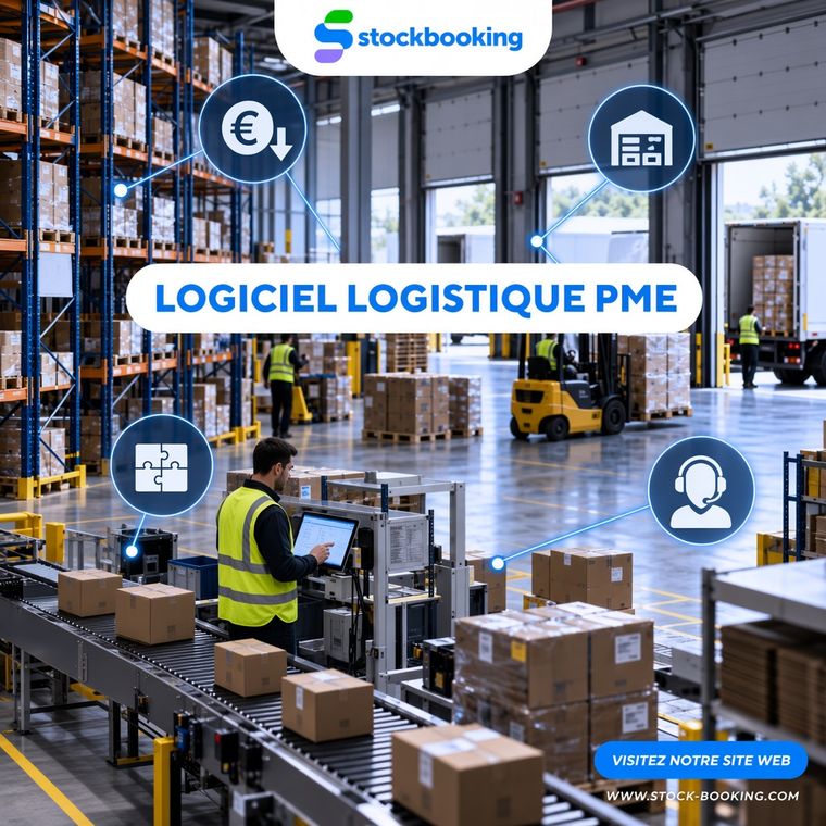 Illustration logiciel logistique PME Stockbooking : entrepôt, critères de choix budget, intégrations et accompagnement