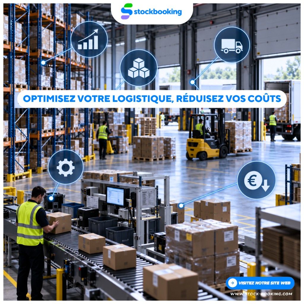 Illustration optimisation logistique Stockbooking : entrepôt, flux, stocks, process et réduction des coûts