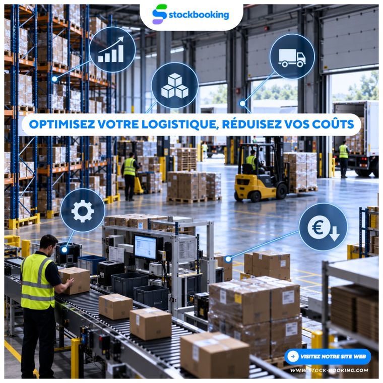 Illustration optimisation logistique Stockbooking : entrepôt, flux, stocks, process et réduction des coûts