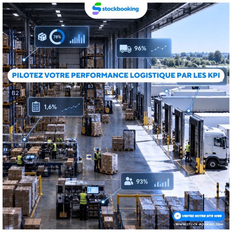 Illustration performance logistique Stockbooking : pilotage KPI entrepôt, picking, transport et service client