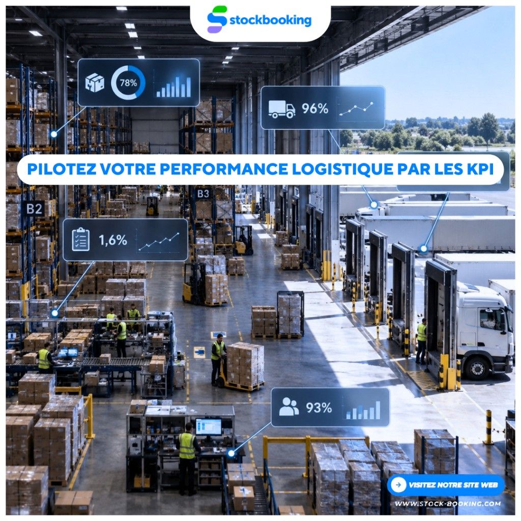 Illustration performance logistique Stockbooking : pilotage KPI entrepôt, picking, transport et service client