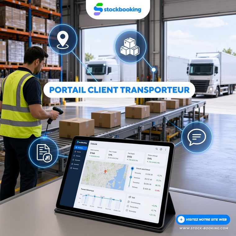 Illustration portail client transporteur Stockbooking : suivi d’expéditions, stock et documents en libre-service